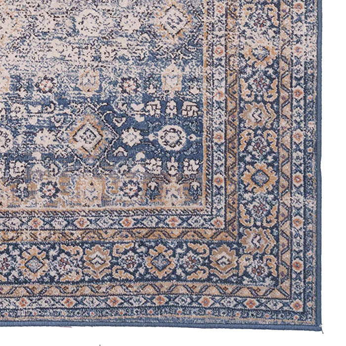 Corner details on Persian Tabriz design wool area rug, blue toned, transitional