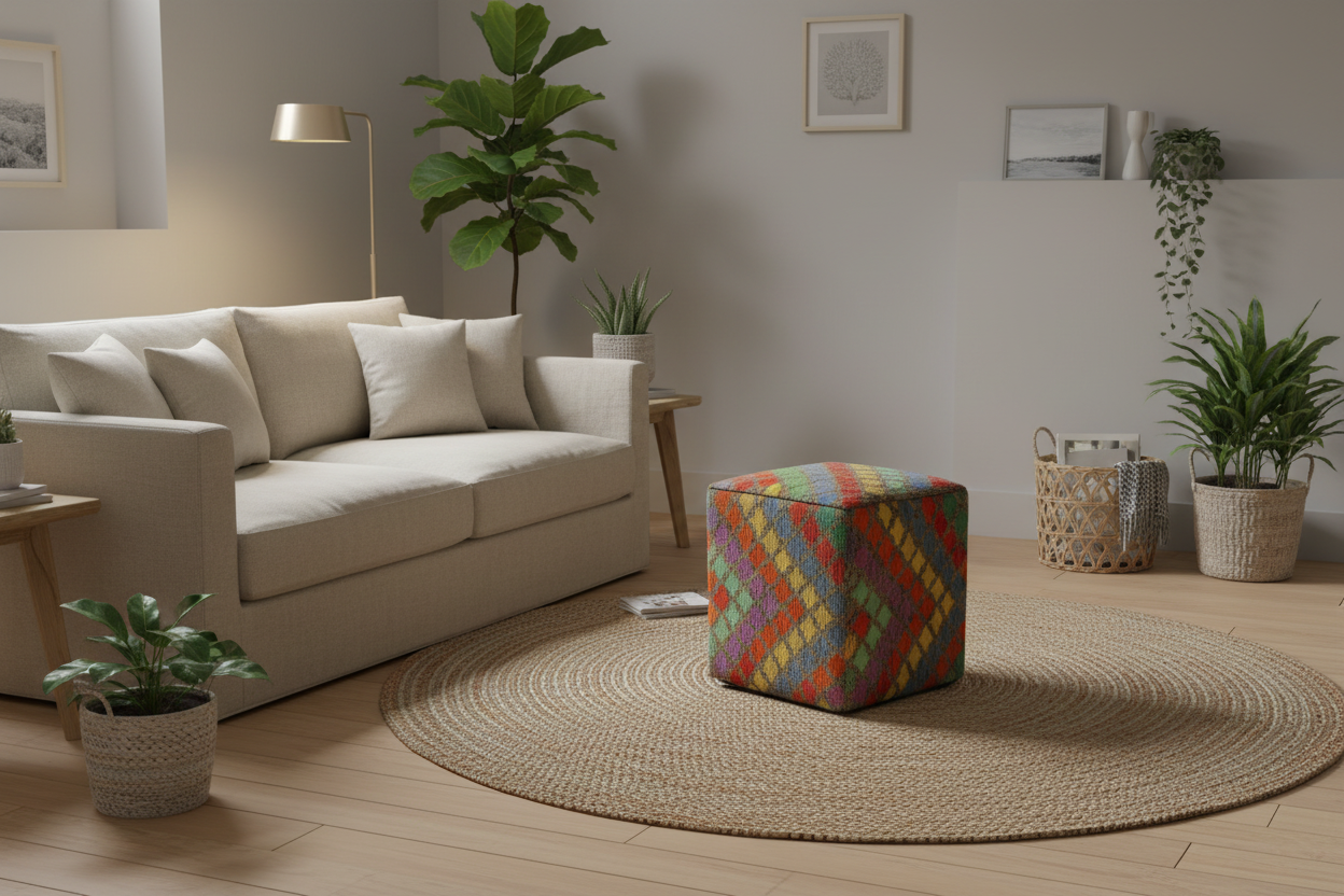 Kilim-Style Cube Ottoman