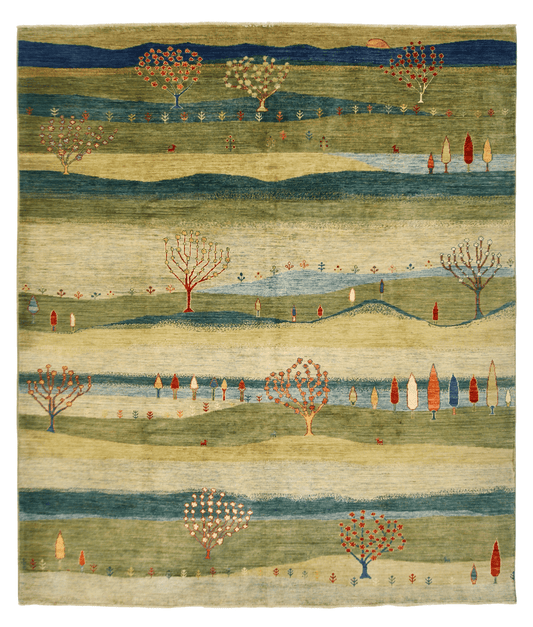 Scenic Afghan Gabbeh (8'02"x9'06") greens/blues