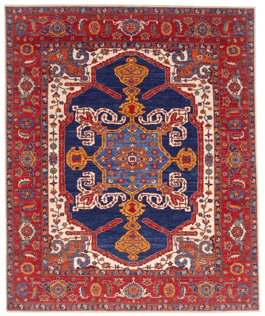 Afghan Heriz (8'00"x9'10") navy/ivory/red