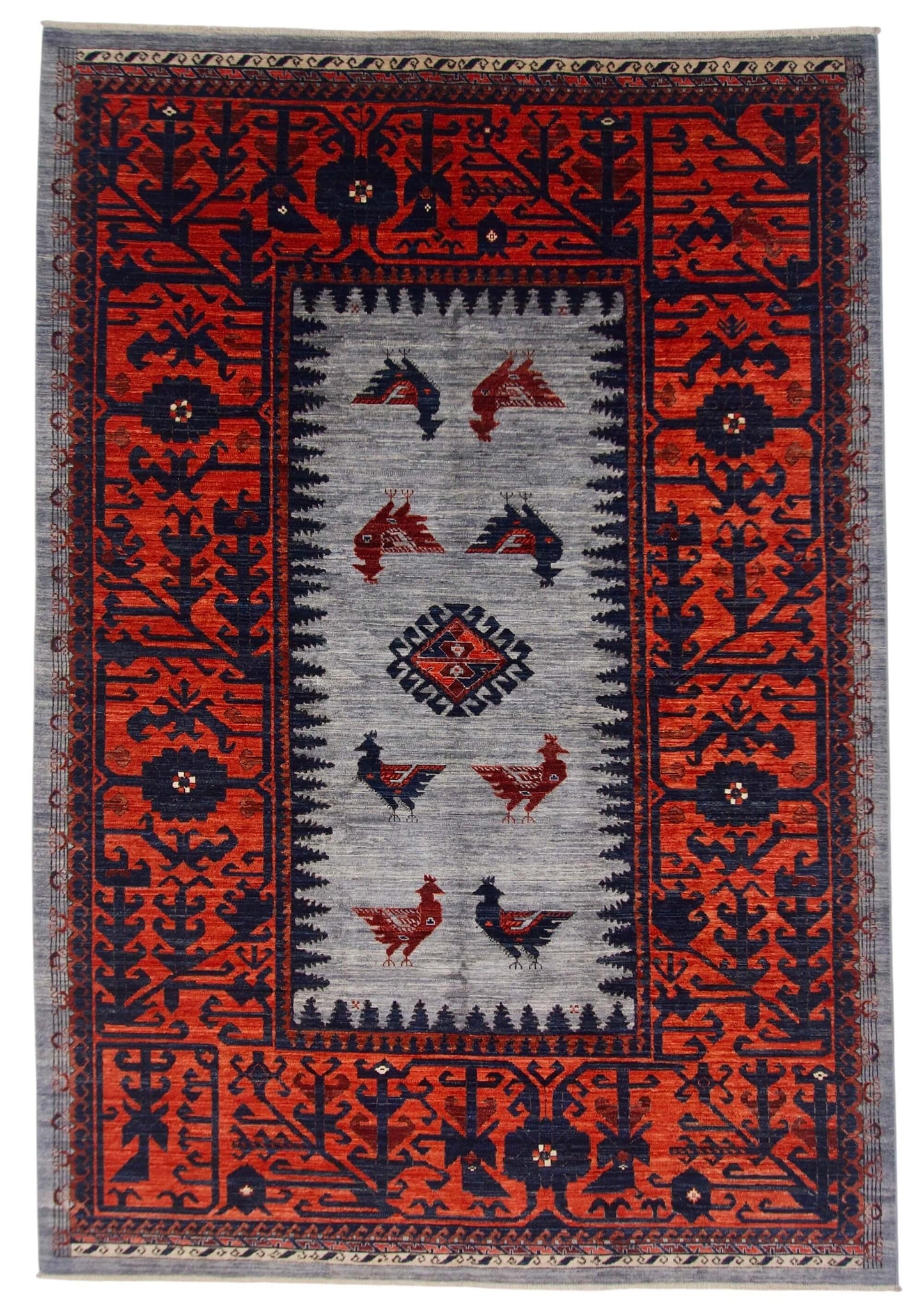 Aryana - Baluch Revival-Eight Birds (5'11"x8'07") gray/red