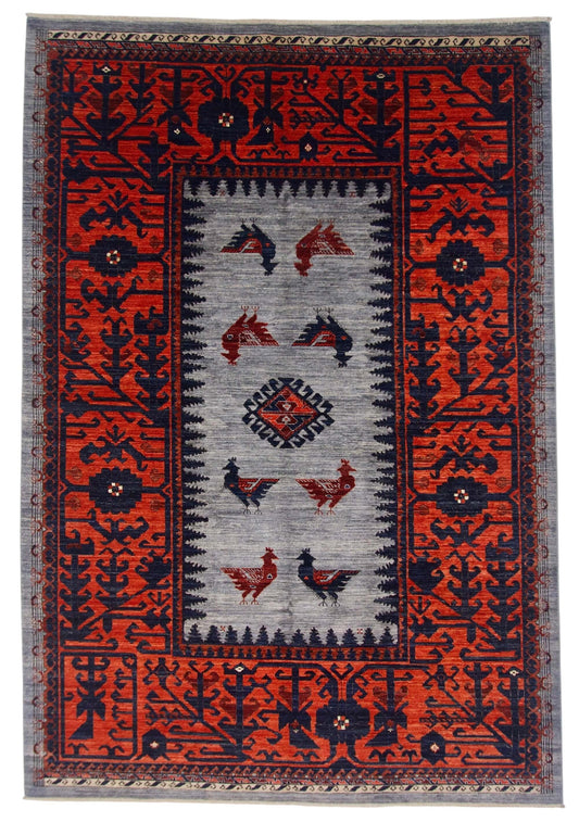 Aryana - Baluch Revival-Eight Birds (5'11"x8'07") gray/red