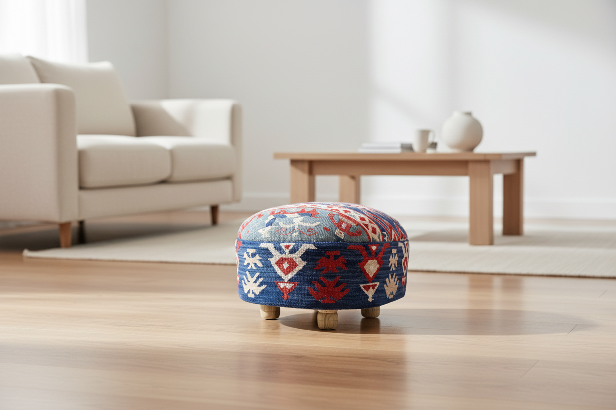 Kilim Footstool (blue) 12"x18"x14"
