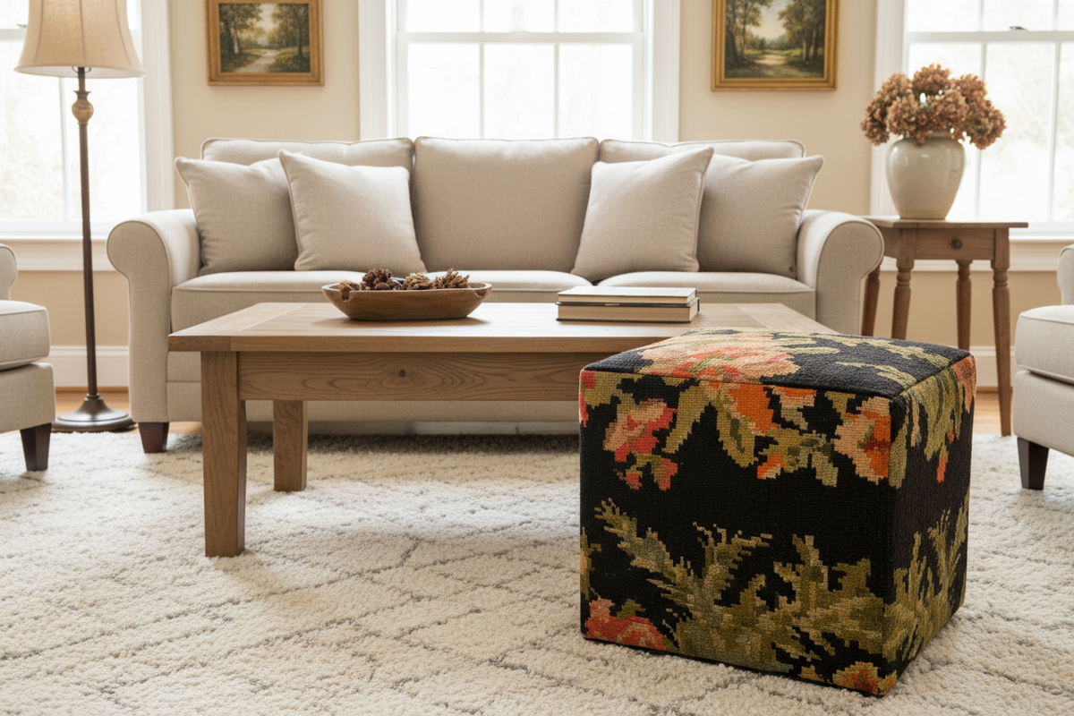 Moldovian Kilim Cube Ottoman (19x18x18) black