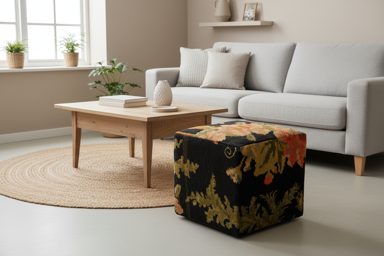 Moldovian Kilim Cube Ottoman (19x18x18) black