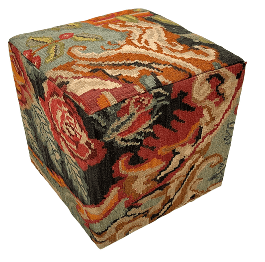 Moldovian Kilim Cube Ottoman (19x18x18) dk.red/black