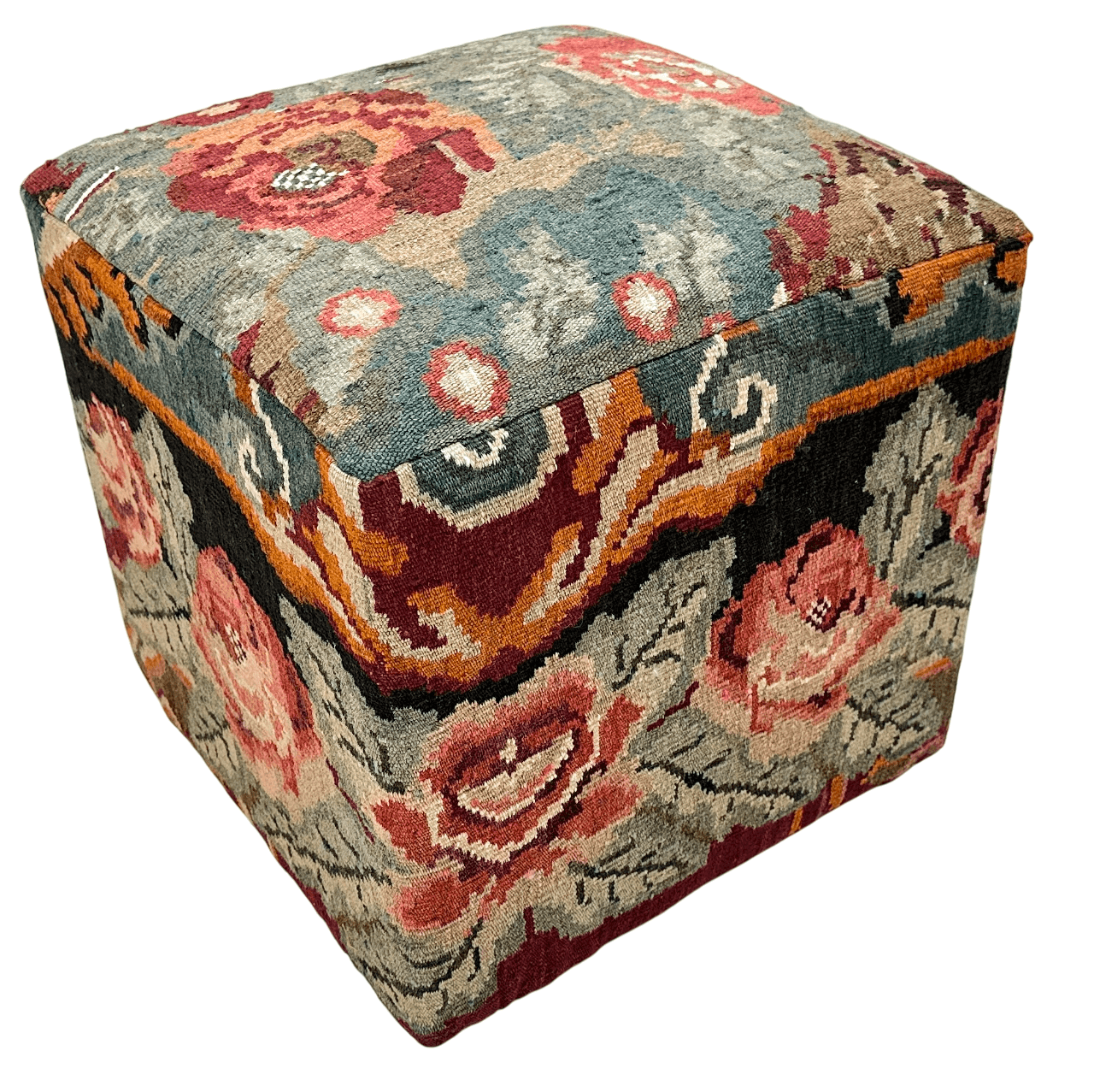 Moldovian Kilim Cube Ottoman (19x18x18) dk.red/multicolor