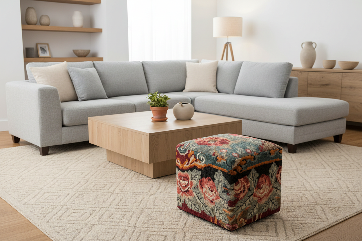Moldovian Kilim Cube Ottoman (19x18x18) dk.red/multicolor