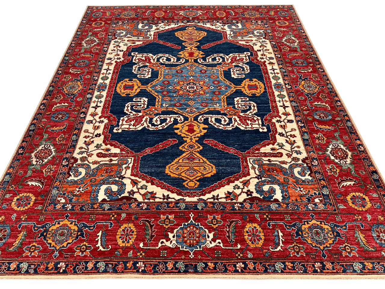 Afghan Heriz (8'00"x9'10") navy/ivory/red