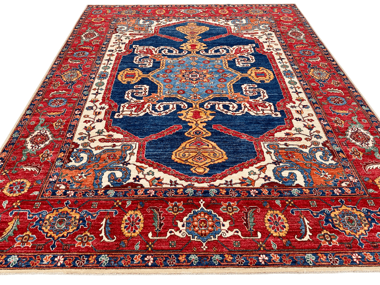 Afghan Heriz (8'00"x9'10") navy/ivory/red