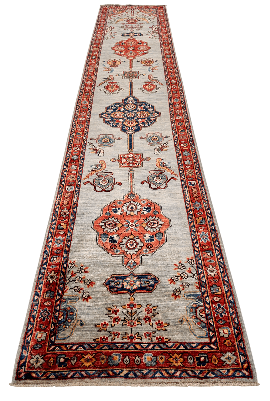 Vase/Medallions (2'07"x12'09") light blue/rust