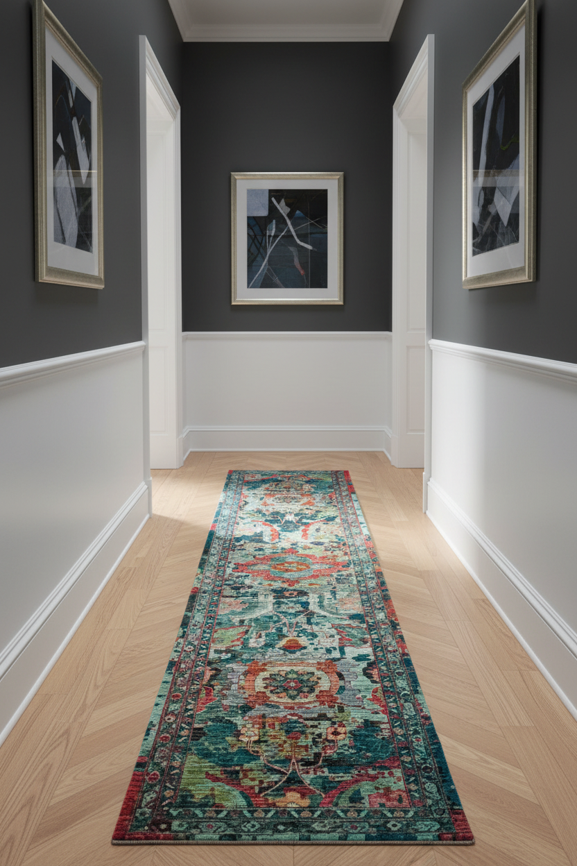 Faryab - Transitional Design (2'09"x11'11") teal/aqua/red