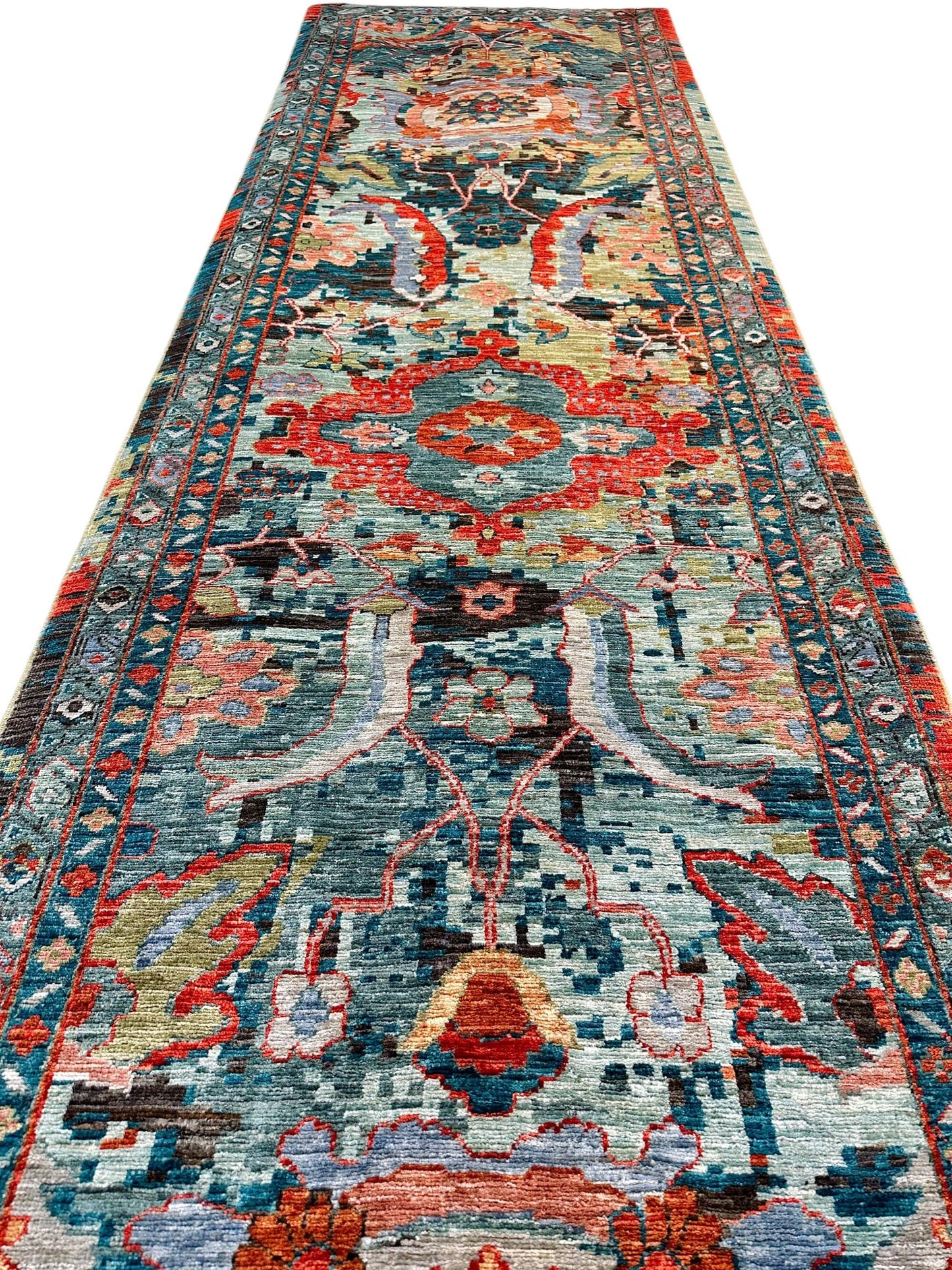 Faryab - Transitional Design (2'09"x11'11") teal/aqua/red