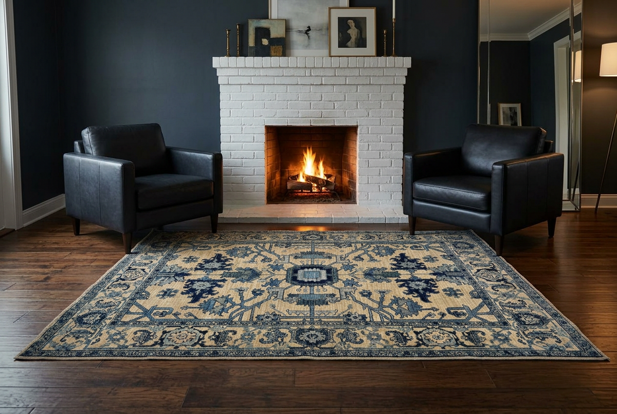 Sina - Afghan Heriz (4'03"x6'03") ivory/blue