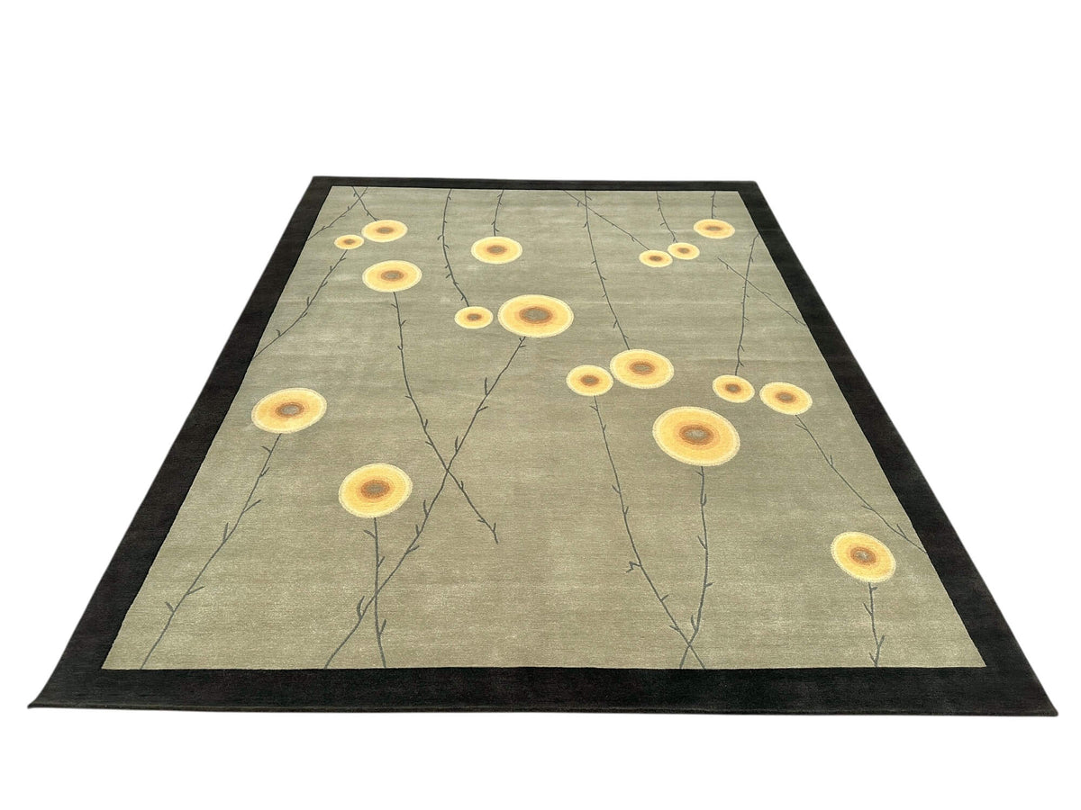 Tibetan 100 - Abstract Blossom w. silk accents (8'00"x10'00") sage/dark forest/light gold
