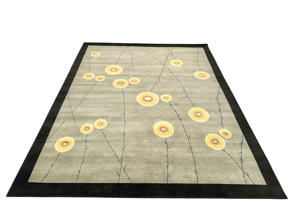 Tibetan 100 - Abstract Blossom w. silk accents (8'00"x10'00") sage/dark forest/light gold