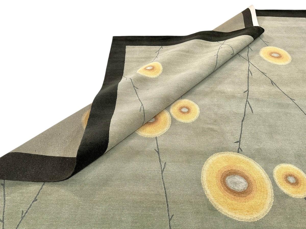 Tibetan 100 - Abstract Blossom w. silk accents (8'00"x10'00") sage/dark forest/light gold