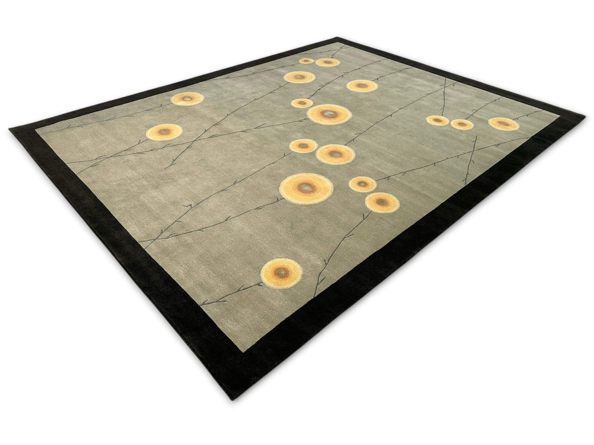 Tibetan 100 - Abstract Blossom w. silk accents (8'00"x10'00") sage/dark forest/light gold