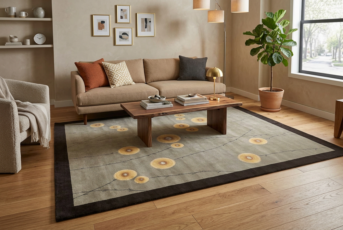 Tibetan 100 - Abstract Blossom w. silk accents (8'00"x10'00") sage/dark forest/light gold
