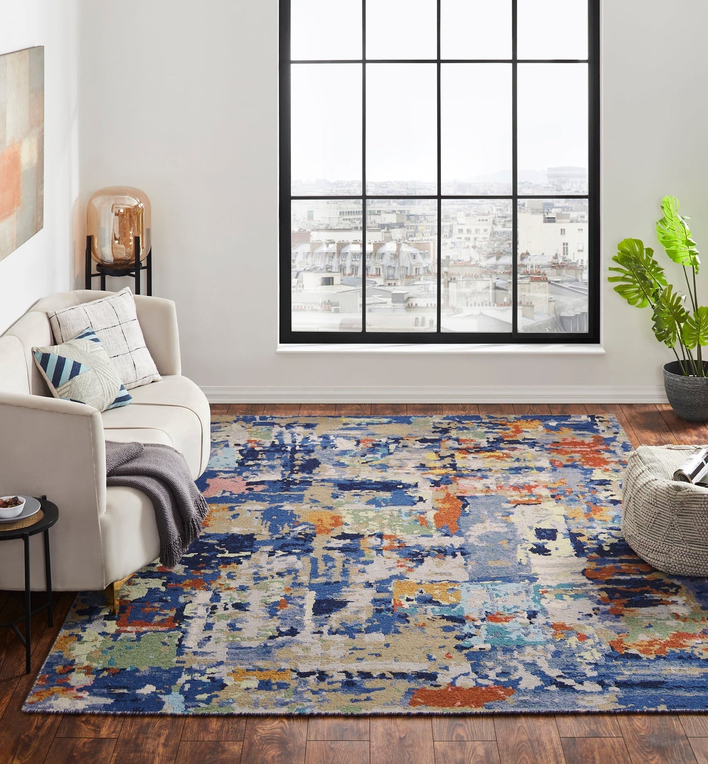 Living room set up with Blue, Red Multi Color Abstract Sullivan Collection Area Rug