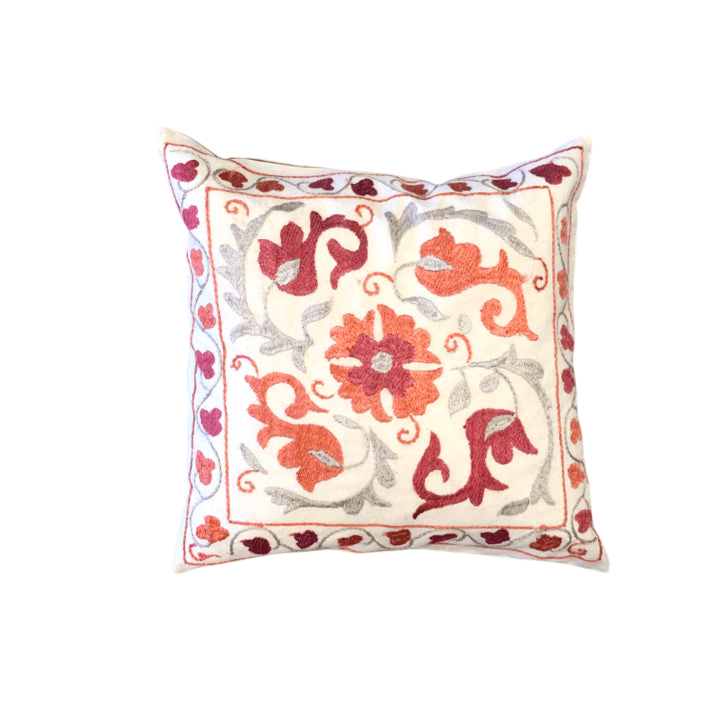 Silk-Embroidered Suzani Pillow (14" Square) ivory/pink