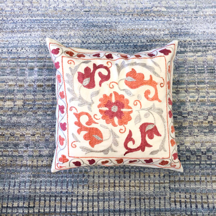 Silk-Embroidered Suzani Pillow (14" Square) ivory/pink