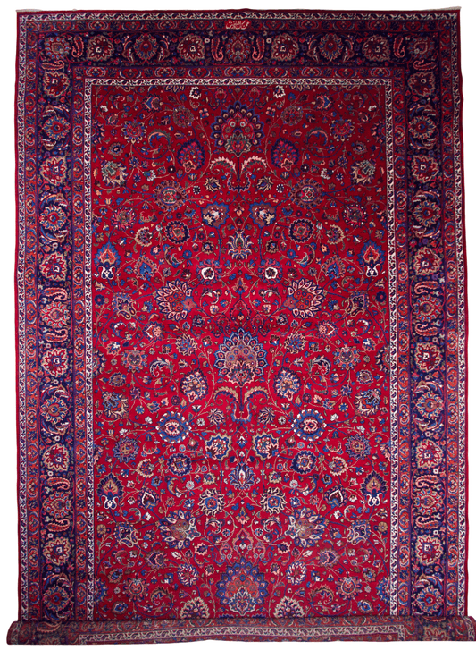 Vintage Persian Mashad (11'05"x18'09") burgundy/indigo