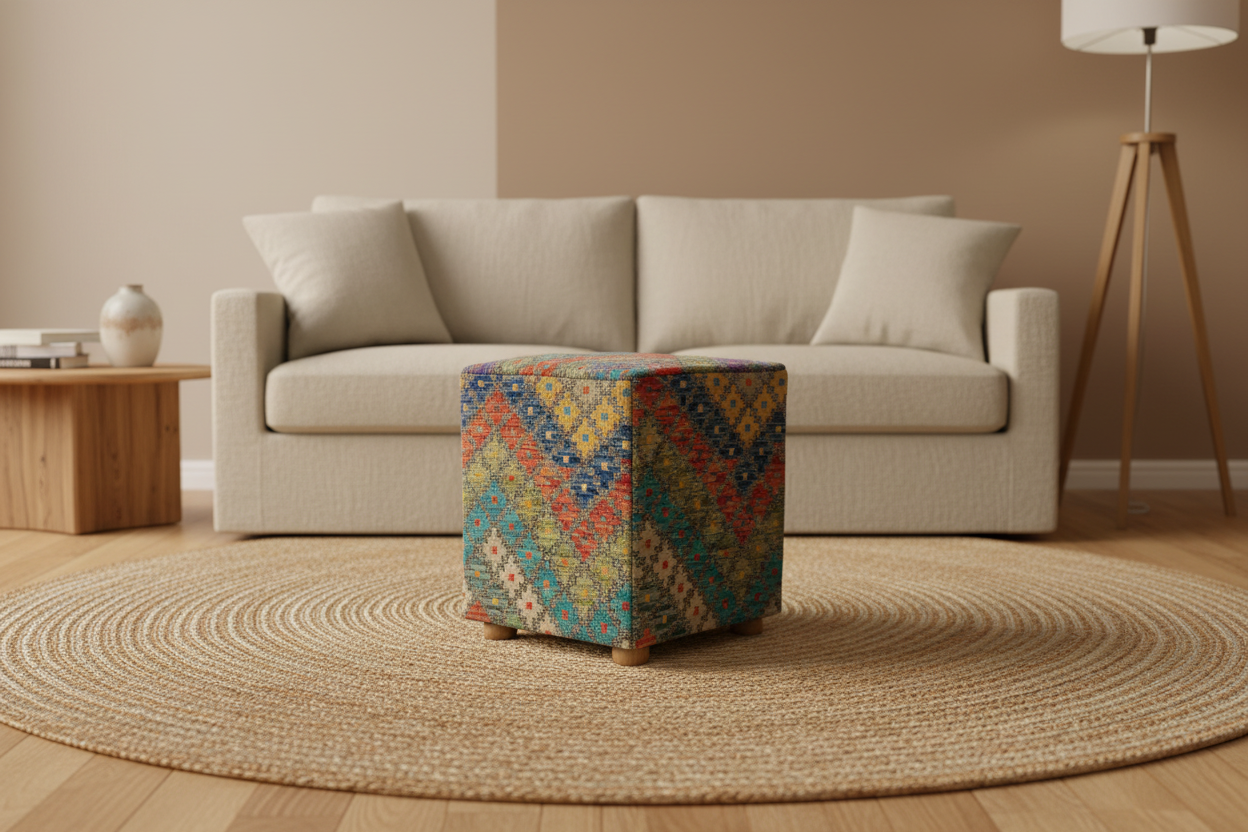 Kilim-Style Cube Ottoman