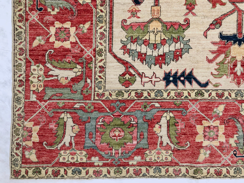 Afghan Heriz (10'03"x14'00") ivory/red