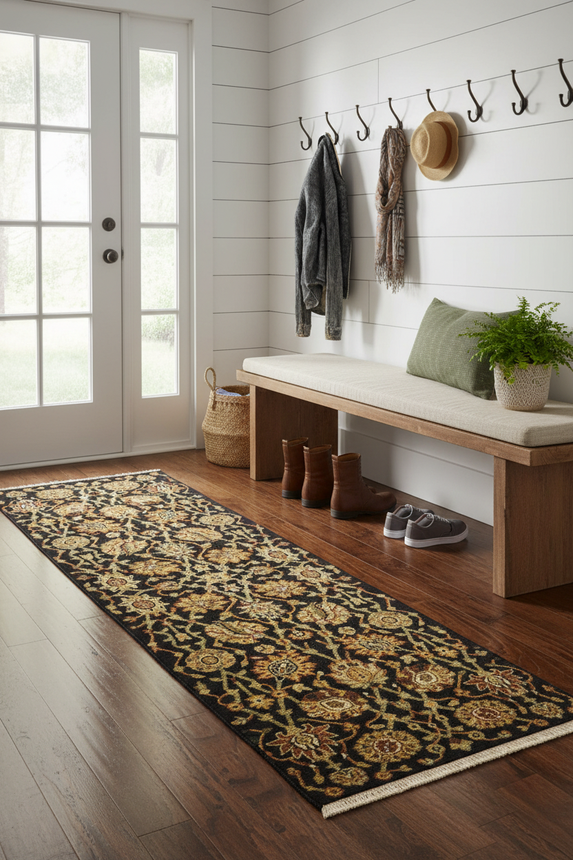 Reversible/2-Sided Flat Weave Floral Design (8' Runner) black