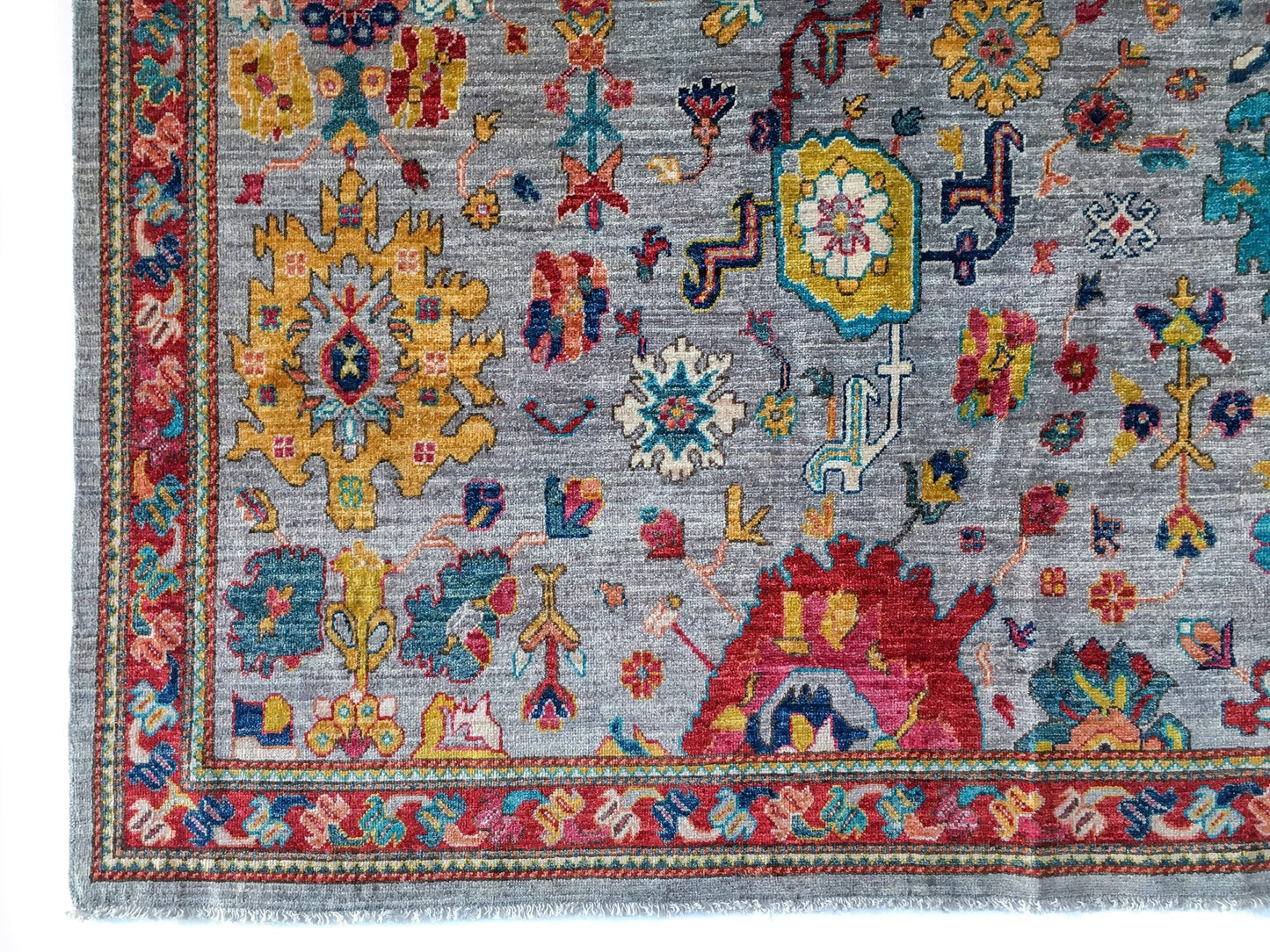 Afghan Oushak (8'11"x12'04") gray/jewel tones