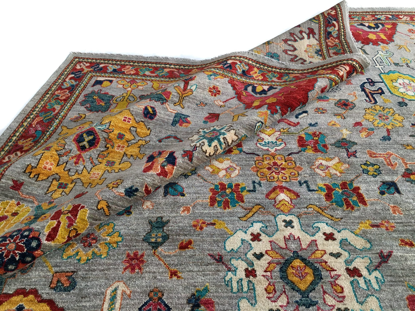 Afghan Oushak (8'11"x12'04") gray/jewel tones