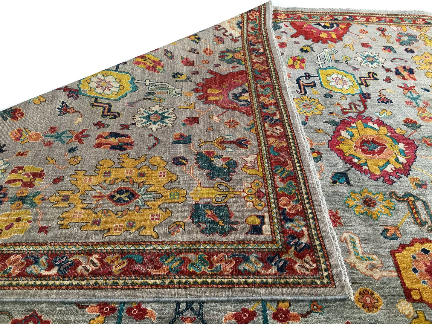 Afghan Oushak (8'11"x12'04") gray/jewel tones