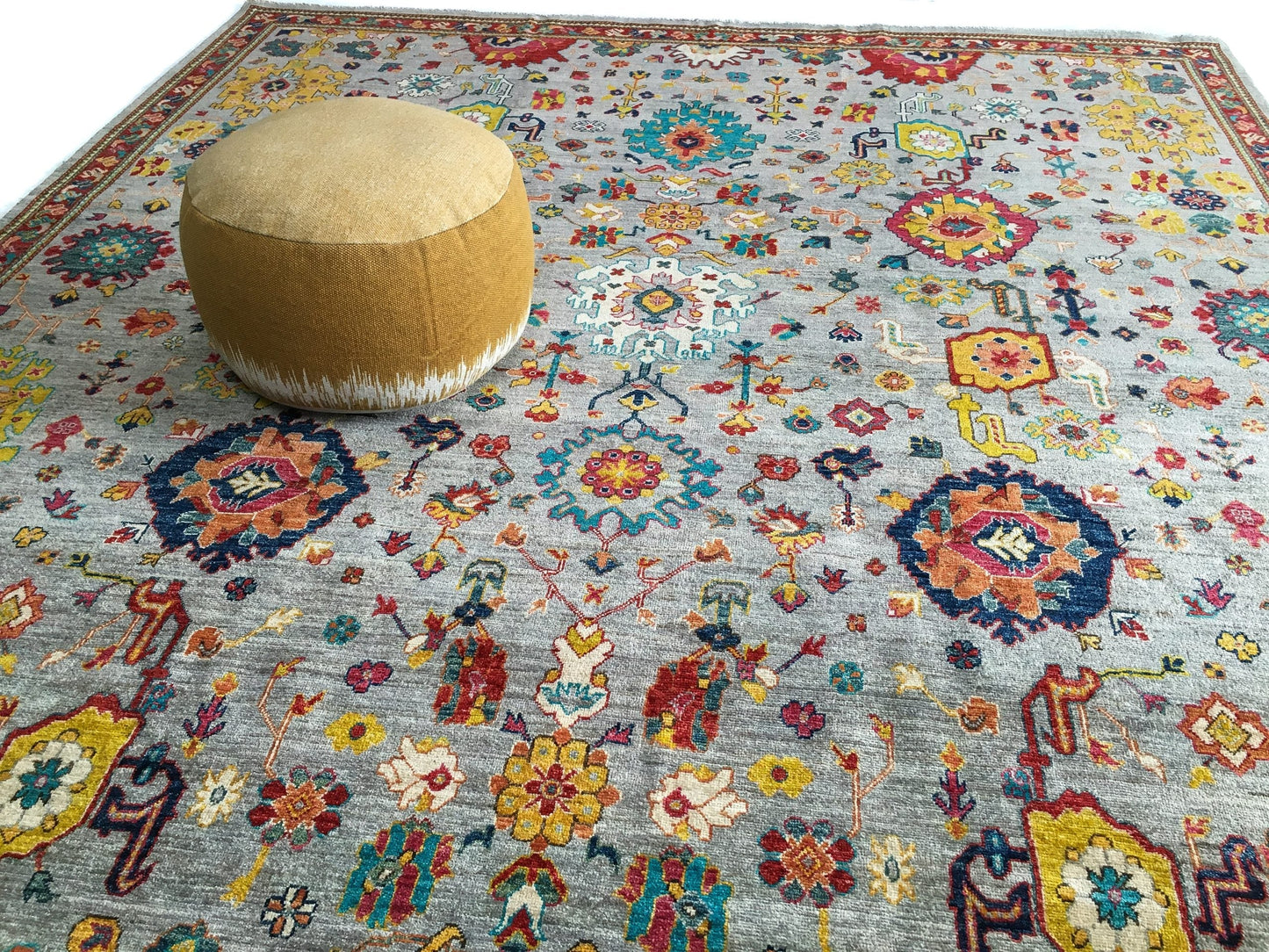 Afghan Oushak (8'11"x12'04") gray/jewel tones