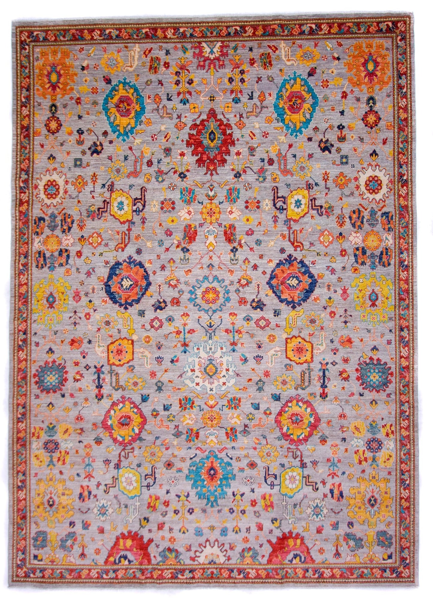 Afghan Oushak (8'11"x12'04") gray/jewel tones