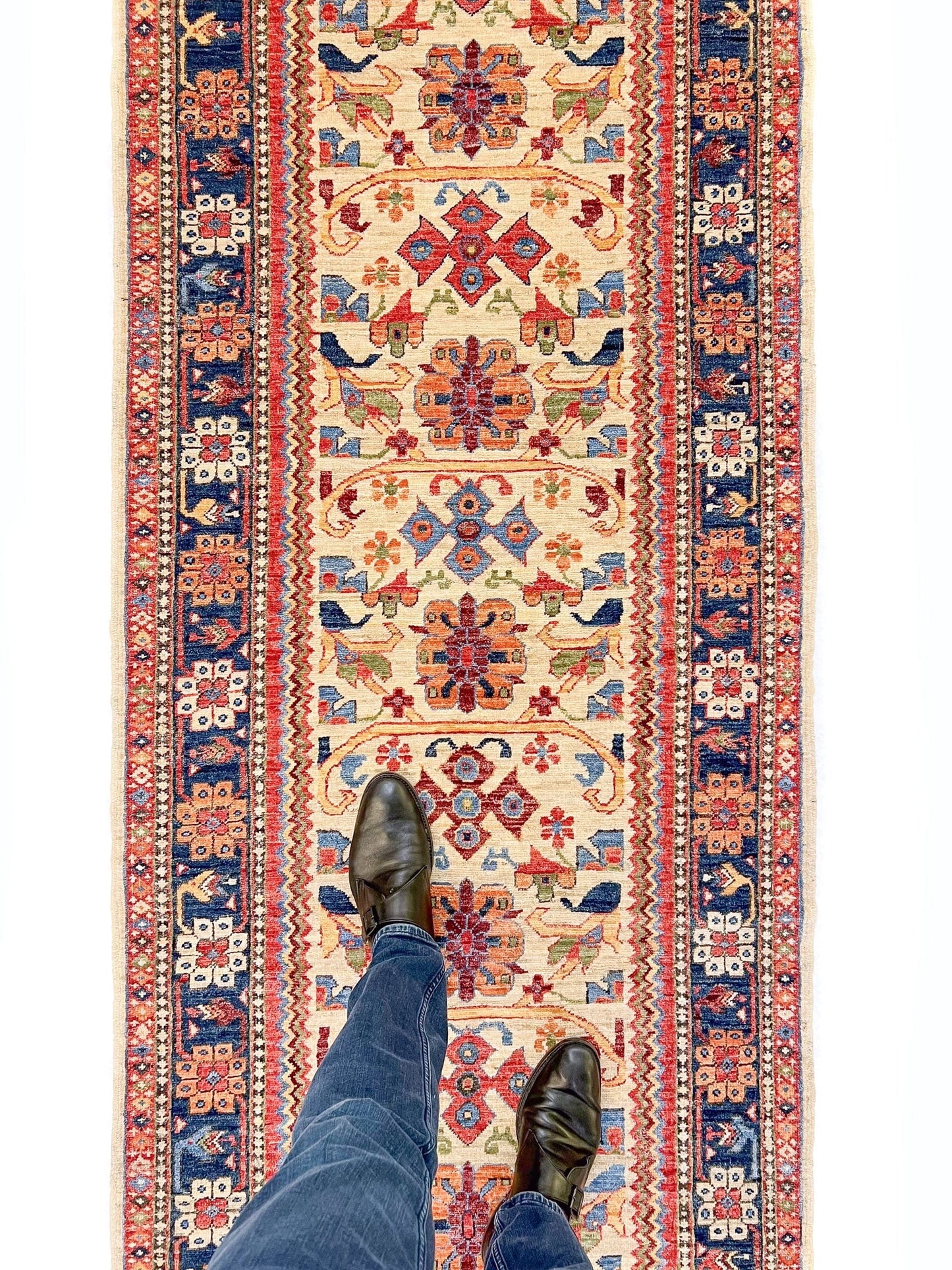 Afghan Qashqai Runner (3'00"x8'02) ivory/navy