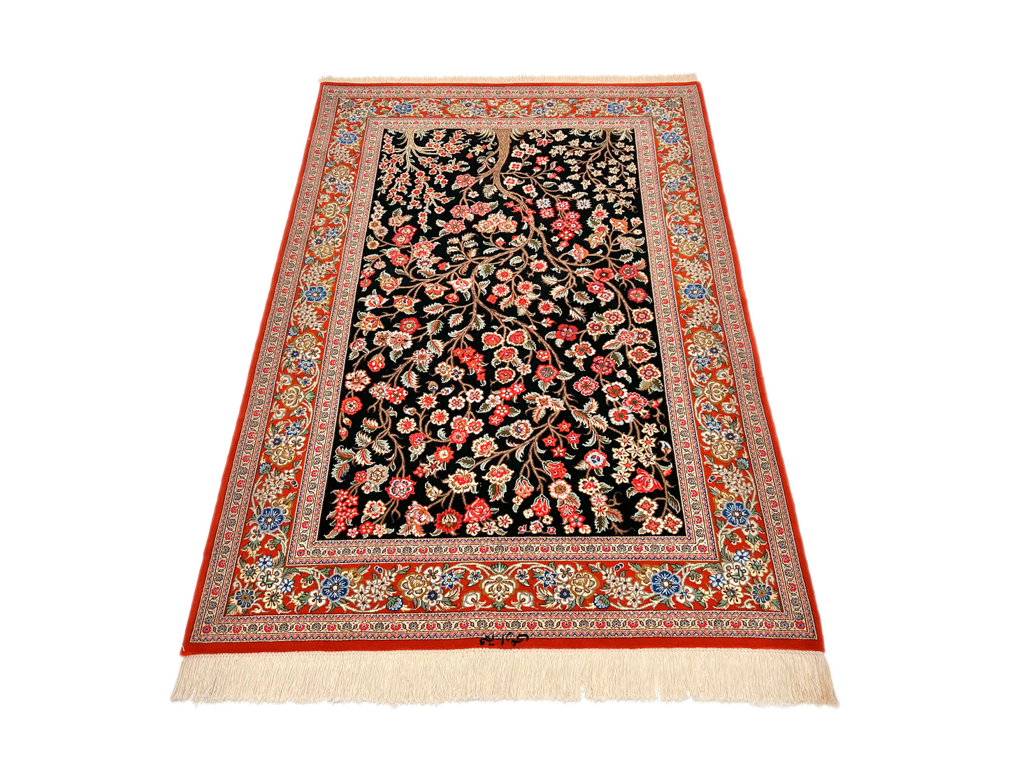 Persian Qom w. silk Tree of Life (4'05"x6'06") black/red