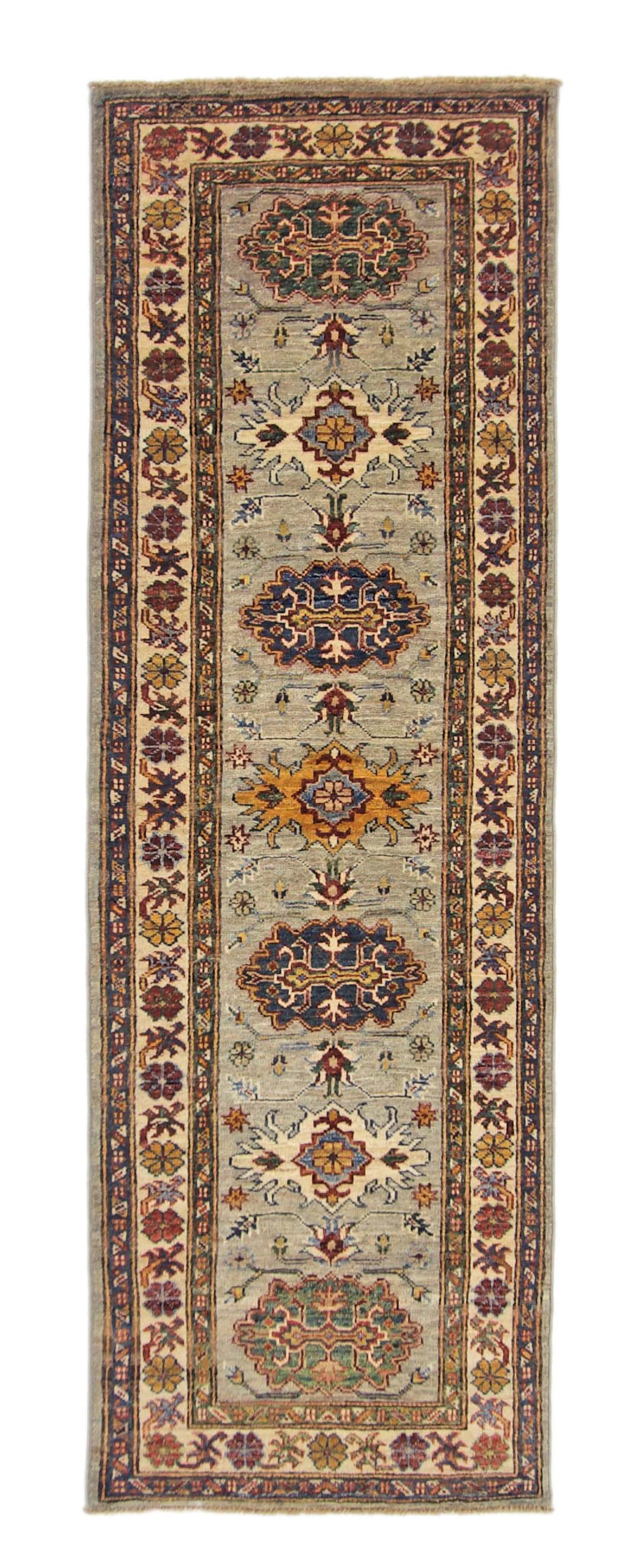 Super Kazak (2'00"x6'00") light gray/multicolor