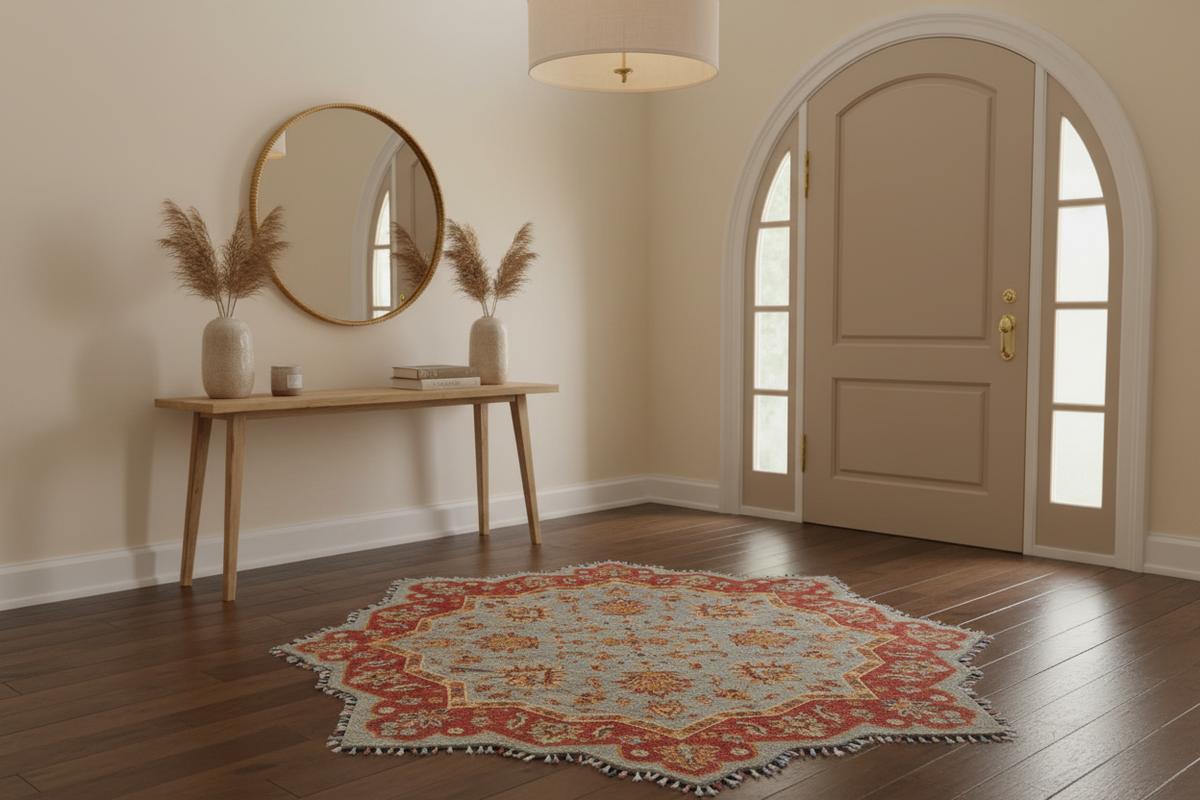 Afghan Made Scalloped Edge Rug (6'07"x6'08") gray/red