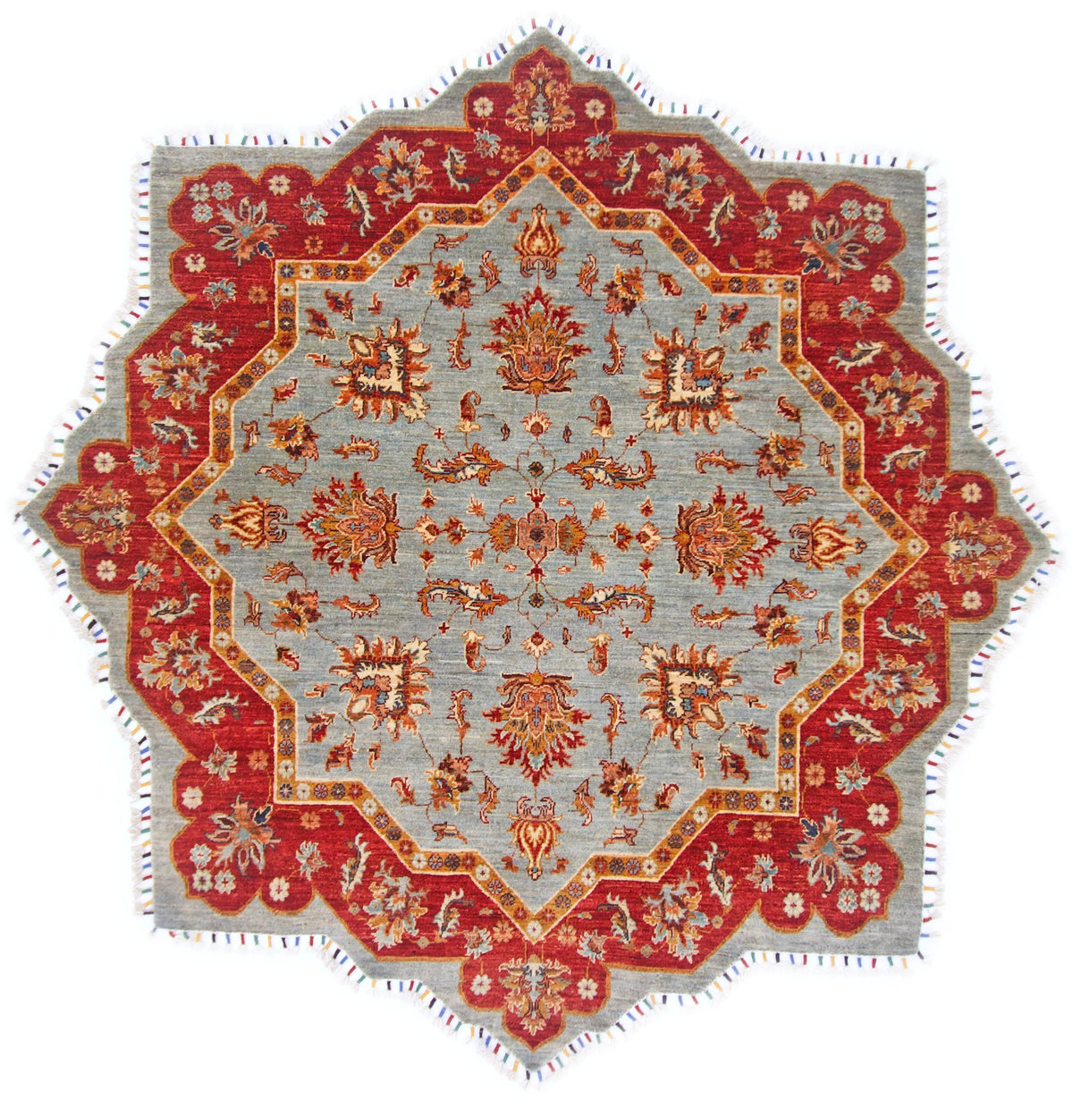 Afghan Made Scalloped Edge Rug (6'07"x6'08") gray/red